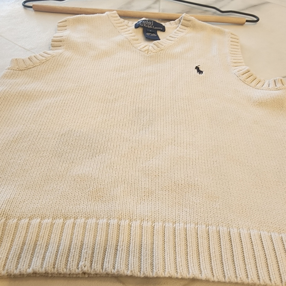 POLO by Ralph Lauren blue label, cream v neck pull over sweater vest. Size 6. - Picture 4 of 5